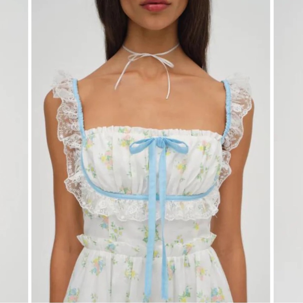 For Love & Lemons 🍋 Sage Mini Dress, Baby Blue Floral Lace Trim Dress size S - Picture 3 of 11